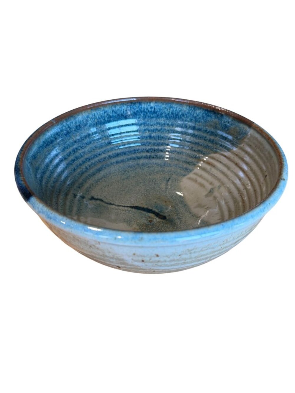 Stoneware Bowl Rustic Blue Beige Glazed Pottery 8.5" Ribbed Artisan Stamped